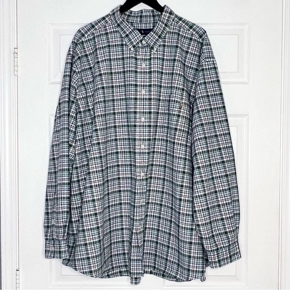 Ralph Lauren green blue plaid long sleeve button down shirt pony cotton size 5XB